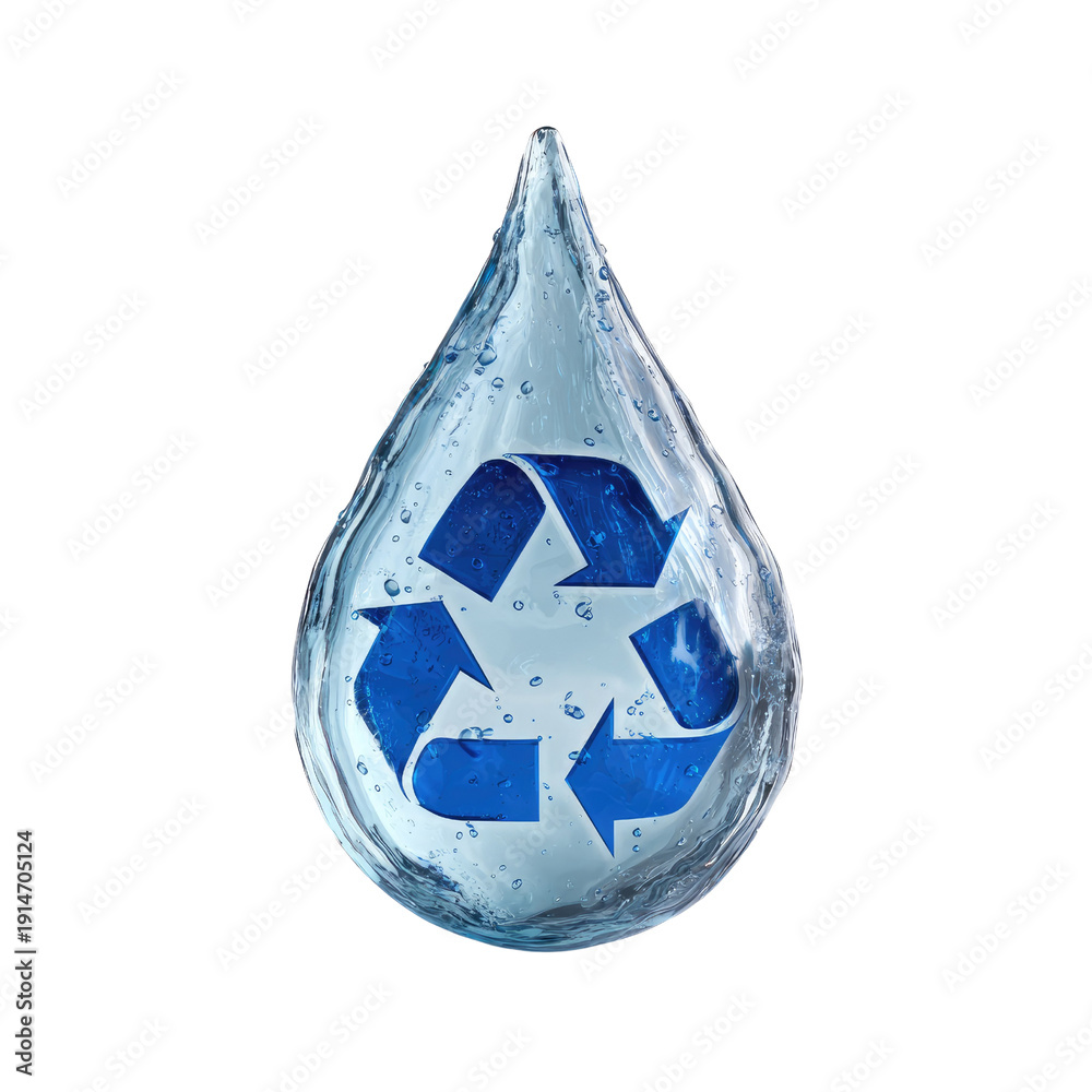 Obraz premium Water Conservation: A pristine water droplet, crystal clear, cradles the iconic recycling symbol, symbolizing the crucial link between water resources and conservation efforts.