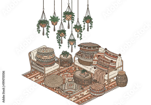 Ornate furnishings and hanging plants arranged on a patterned rug in a cozy, intricately designed interior space viewed from above.