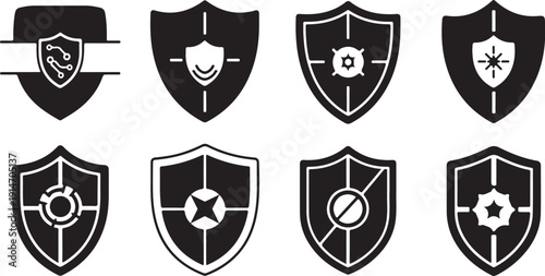 Set of black and white shield icons with symbols