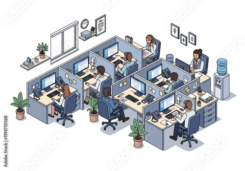 Busy Office Scene with Professionals Working at Desks in an Open-Plan Environment from an Overhead Viewpoint