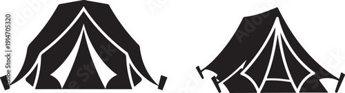 Two stark black silhouettes depict camping tents showcasing simple geometric forms and outdoor adventure high quality