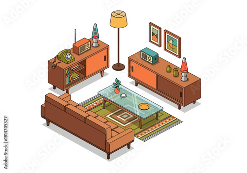 Isometric illustration of a modern living room with furniture, lamp, and decorations from an aerial viewpoint.