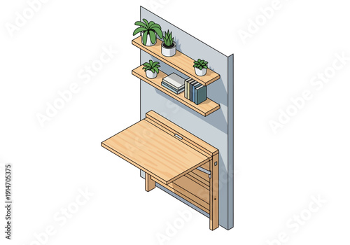 Wall-mounted desk and shelves with potted plants and office supplies in a minimalist workspace viewed from the side