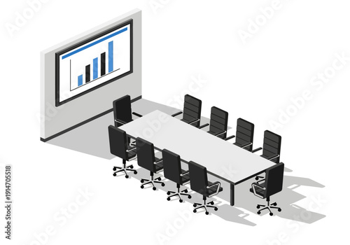 Conference room with a large screen displaying a bar graph, surrounded by a long table and office chairs, viewed from an isometric perspective.