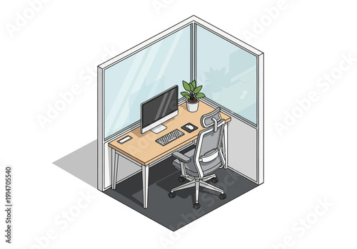 Isometric illustration of a modern office cubicle with a desk, chair, computer, and plant in a corporate workspace viewed from above