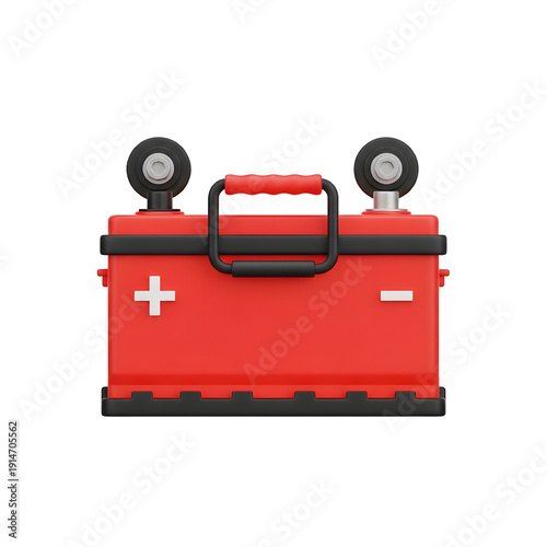 Realistic 3D Red Car Battery Isolated on White Gradient Background