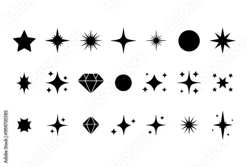 Bold Flat Sparkle and Twinkle Star Icons Set in Solid Black on White Background