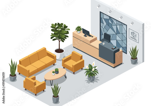 Modern office reception area with furniture, plants, and decor viewed from above in an isometric illustration