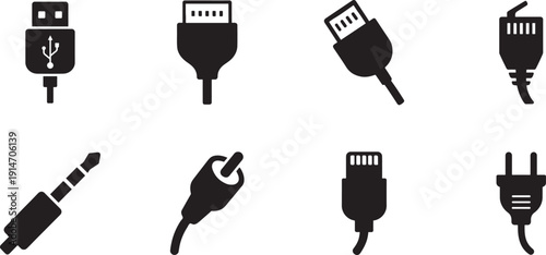 Cable connector black vector icon set collection isolated on white background design.