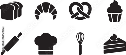 Bakery black vector icon set collection isolated on white background for food design.