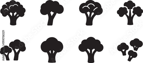 Broccoli black vector icon set collection isolated on white background for healthy design.