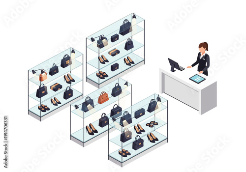 Isometric illustration of a saleswoman demonstrating bags at a clothing store display from an aerial viewpoint