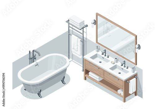 Modern Bathroom Interior with Freestanding Tub and Double Sink Vanity Unit