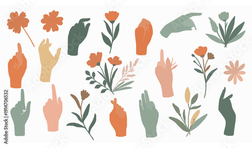 Scandinavian boho hands and flower silhouettes colorful vector set for posters