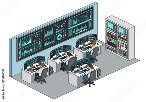 Control room operators monitoring data on large screens and computer systems in a professional setting