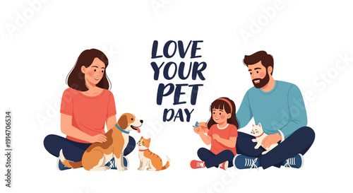 Family celebrating Love Your Pet Day with their dog and cat in a heartwarming American scene