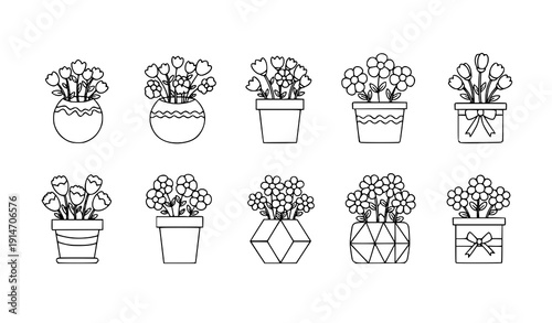 Cute flower pot vector icon set hand-drawn minimalist floral doodles collection