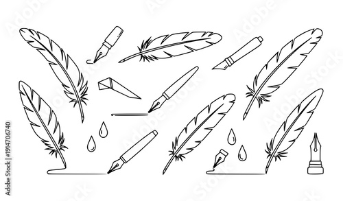 Feather pen doodle vector set hand-drawn quills ink nibs outline icon collection