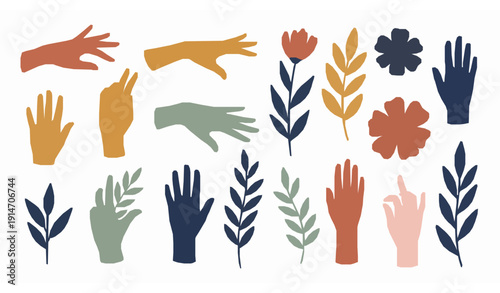 Boho hands and Scandinavian flowers vector collection colorful flat silhouette elements