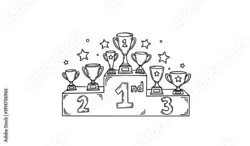 Hand-drawn winner podium vector doodle set 1st 2nd 3rd place trophies cups