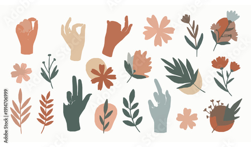 Scandinavian flowers and boho hands vector set colorful silhouette collection