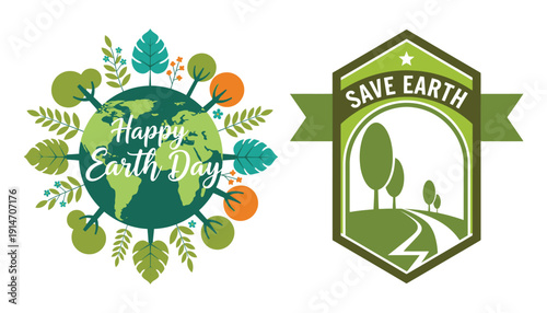 Happy earth day icons: planet, nature, and conservation symbols