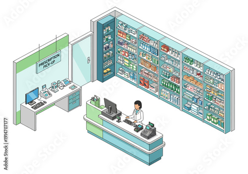 A pharmacist assisting a customer at a modern pharmacy counter with medication shelves in the background, viewed from above