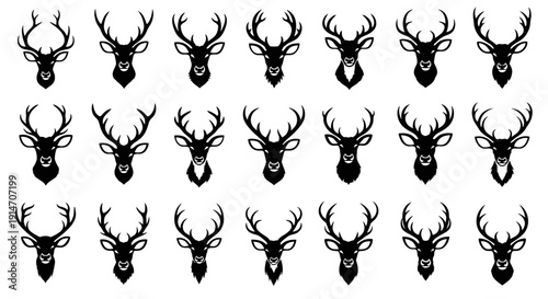 Set of black deer head silhouettes with antlers on white background hunting and wildlife icons
