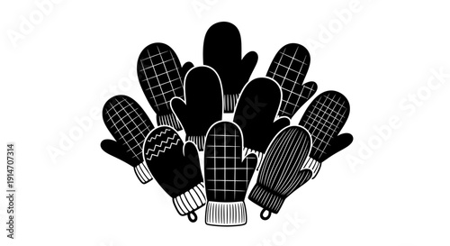 Assorted winter mittens in black and white illustration on plain background for cold weather