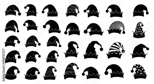 Collection of various black gnome hats with different patterns on white background for christmas decoration