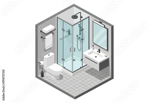 Isometric view of modern bathroom with shower, toilet, sink, mirror, and tiles in a hexagonal room