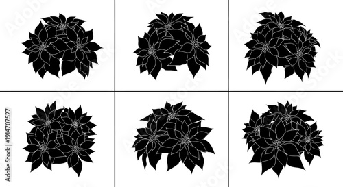 Six identical black floral patterns arranged in two rows on white background with grid lines