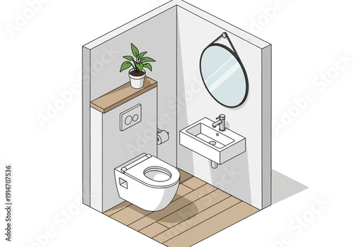 Isometric view of a modern bathroom with toilet, sink, mirror, plant, and wooden floor