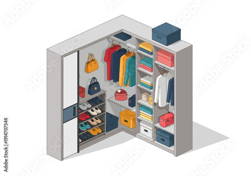 An open wardrobe displaying assorted clothing and accessories with organized storage and decorative elements