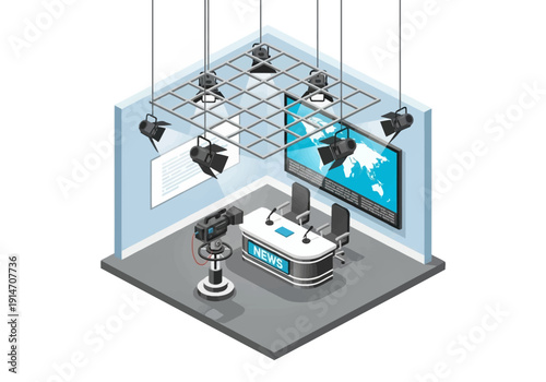 Isometric studio setup with broadcasting equipment and monitors for live event production