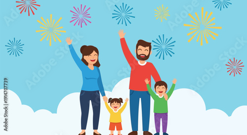 Happy family celebrating together with colorful fireworks in the sky.