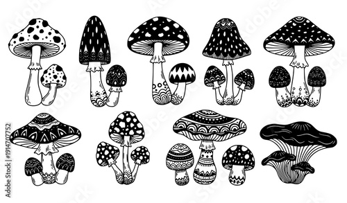 Mushroom silhouette vector set monochrome patterned mystical folklore illustration collection