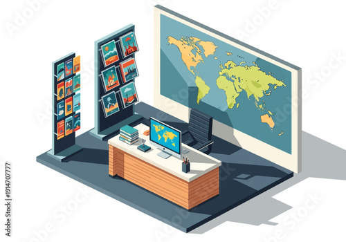 Modern office workspace with multiple screens displaying global maps and media content on a sleek desk setup viewed from a slightly elevated angle