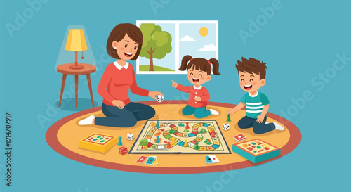 Mother and Children Engaged in Play Activity on a Rug.