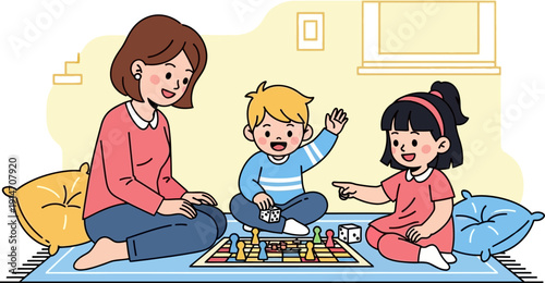 Mother and children playing a board game together on a mattress.