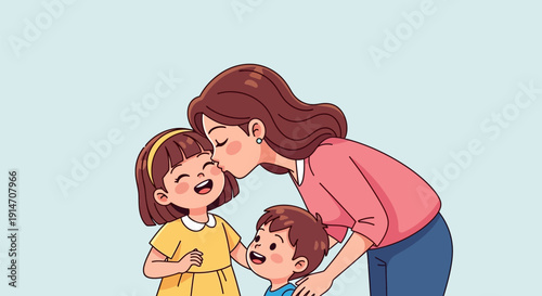 Mother showing affection to her two children.