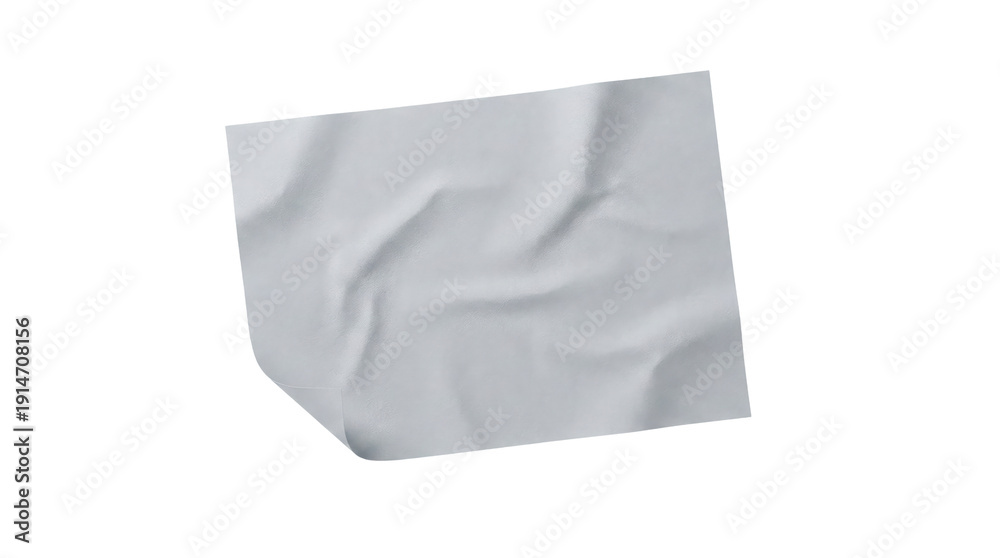 Naklejka premium A single square piece of white crumpled paper with a slightly curled corner, isolated on a transparent background, perfect for a distressed texture overlay or mockup.