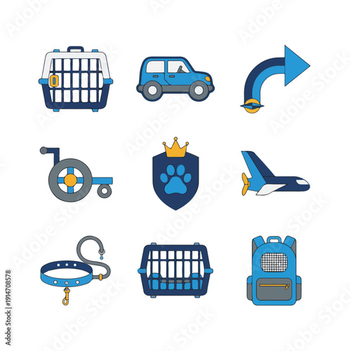 A collection of cartoon-style icons depicting items for pet travel and care, including carriers, car, plane, wheelchair, and collar.