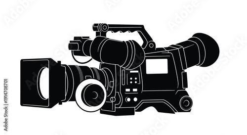 Black and white outline of a professional video camera with accessories