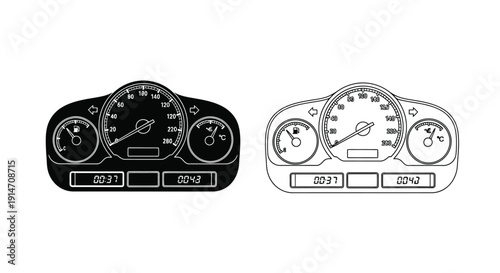 Automotive dashboard instrument cluster illustrations black and white versions