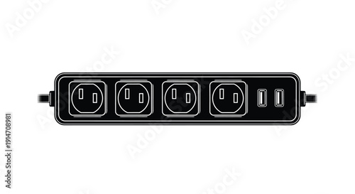 Black power strip with six outlets isolated on a white background