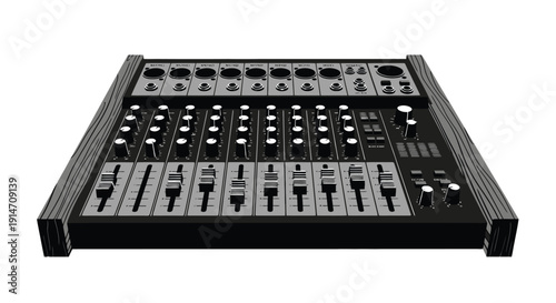 A black audio mixing console with multiple channels and faders