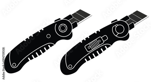 Two black and white illustrations of retractable utility knives