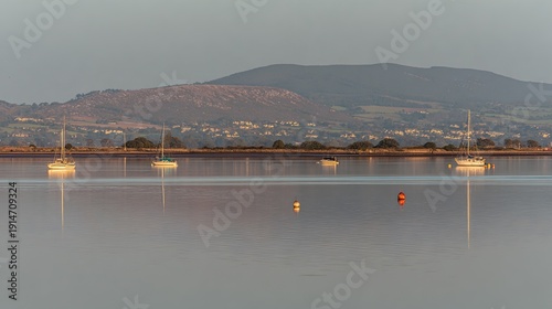 regularize. A serene bay at sunset with anchored sailboats, golden light on calm water. inspiring travel planning, travel magazines, designed for outdoor magazines and nature guides.