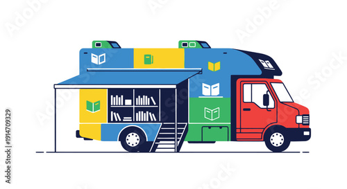 Colorful mobile library vehicle with books and a service window